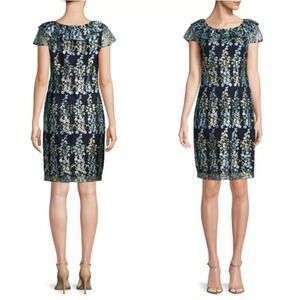 Karl Lagerfeld Dress Size 10 Floral Embroidered Boatneck Navy Blue Wedding Guesr